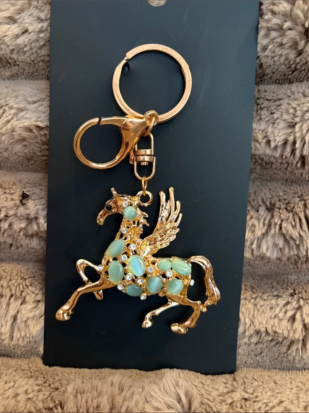 Gold Pegasus Keychain with Mint Green Stones